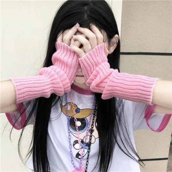 Kawaii Arm Warmers Y2K Fingerless Gloves Harajuku Goth Knit Arm Sleeves - Picture 2 of 7